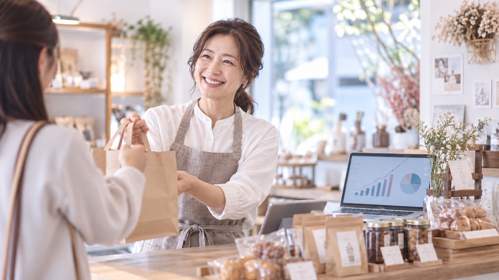 販路開拓が進み、お客さまと笑顔で接する小規模事業者のイメージ